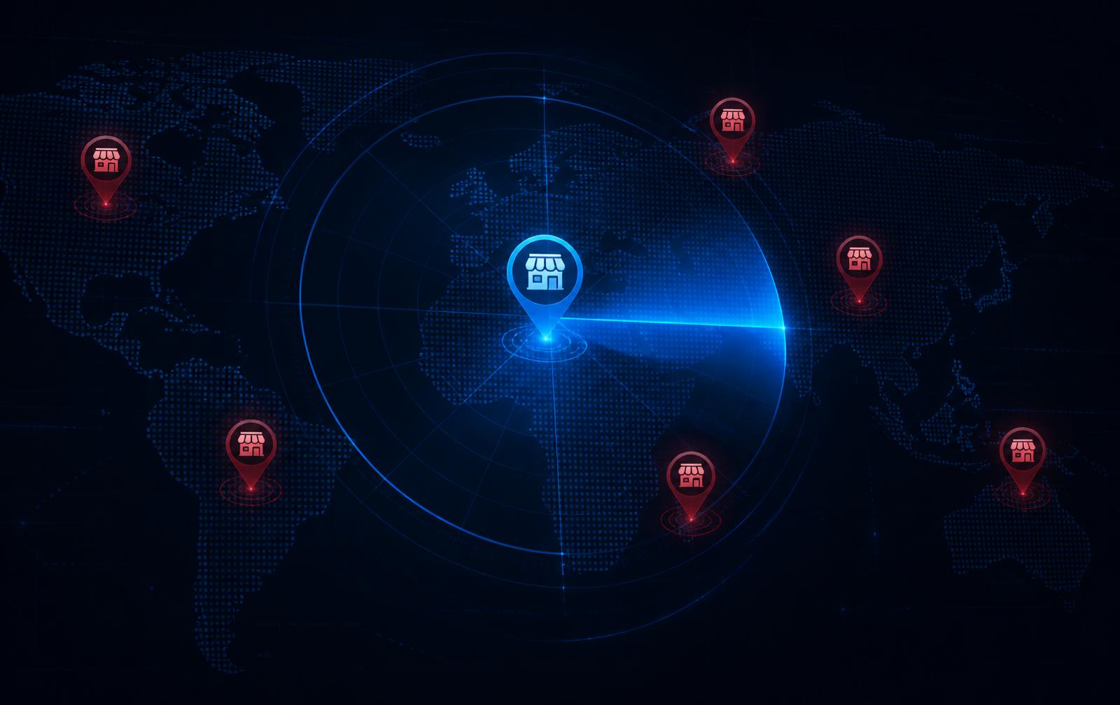 Radar sweeping a world map, highlighting one genuine business location and several suspected fake copies